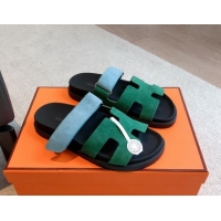 Popular Style Hermes Chypre Flat Sandals in Suede Blue/Green 425161