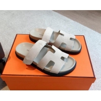 Good Looking Hermes Chypre Flat Sandals in Suede Light Grey 425163