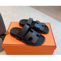 Best Product Hermes Chypre Flat Sandals in Palm-Grained Calfskin Black/Silver 425165