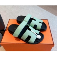 Stylish Hermes Chypre Flat Sandals in Palm-Grained Calfskin Light Green 425166