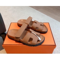 Shop Duplicate Hermes Chypre Flat Sandals in Palm-Grained Calfskin Brown/Silver 425169