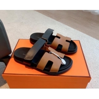 Pretty Style Hermes Chypre Flat Sandals in Smooth Calfskin Brown/Black 425172