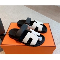 Pretty Style Hermes Chypre Flat Sandals in Smooth Calfskin White2/Black 425174