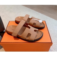 Stylish Hermes Chypre Flat Sandals in Smooth Calfskin Brown/Silver 425175