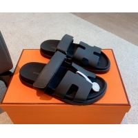 Top Grade Hermes Chypre Flat Sandals in Smooth Calfskin Black/Silver 425176