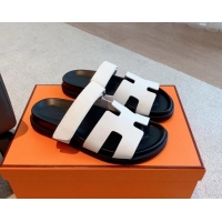 Unique Style Hermes Chypre Flat Sandals in Smooth Calfskin White/Black 425178