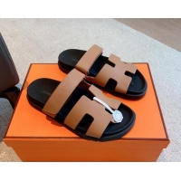 Good Quality Hermes Chypre Flat Sandals in Smooth Calfskin Brown/Black 425179