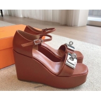 Sumptuous Hermes Hilda Calfskin Wedge Sandals with Kelly Buckle Brown 425187