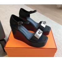 Purchase Hermes Hilda Calfskin Wedge Sandals with Kelly Buckle Black 425186