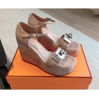 Stylish Hermes Hilda Suede Wedge Sandals with Kelly Buckle Pink 425182