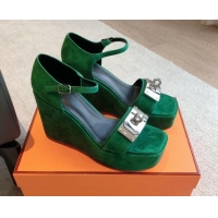 Top Grade Hermes Hilda Suede Wedge Sandals with Kelly Buckle Green 425183