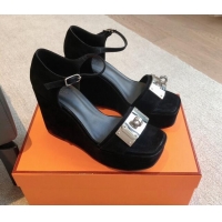 Stylish Hermes Hilda Suede Wedge Sandals with Kelly Buckle Black 425184