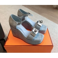 Good Looking Hermes Hilda Suede Wedge Sandals with Kelly Buckle Grey 425185