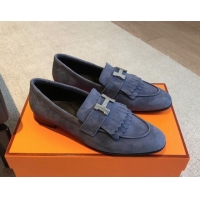 Good Quality Hermes Royal Loafers in Suede with Fringe Dark Blue 425190