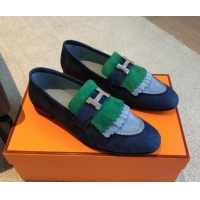 Best Grade Hermes Royal Loafers in Suede with Fringe Blue/Green 425193