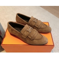 Luxurious Hermes Royal Loafers in Suede with Fringe Brown 425194