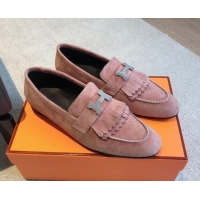 Perfect Hermes Royal Loafers in Suede with Fringe Dusty Pink 425195