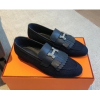 Fashion Hermes Royal Loafers in Calfskin and Blue Denim with Fringe 425196