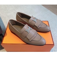 Pretty Style Hermes Royal Loafers in Calfskin with Fringe Dark Beige 425197