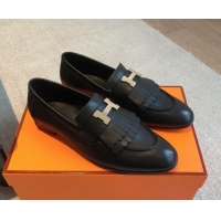 Charming Hermes Royal Loafers in Calfskin with Fringe Black/Gold 425200