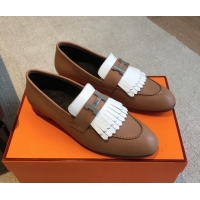 Shop Duplicate Hermes Royal Loafers in Calfskin with Fringe Brown/White 425201