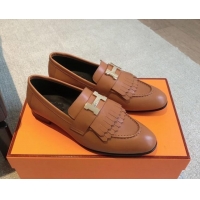 Stylish Hermes Royal Loafers in Calfskin with Fringe Brown/Gold 425203