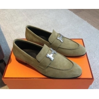 Duplicate Hermes Paris Suede Loafers Green 425215