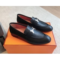 Stylish Hermes Paris Calfskin Loafers Black/Silver 425210