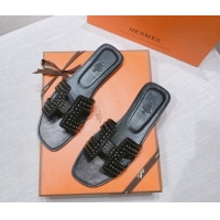 Grade Quality Hermes Oran Calfskin Flat Slide Sandals with Silver-Tone Studs Black 426003