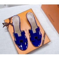 Stylish Hermes Oasis Heel Slide Sandals in Patent Calfskin Blue 426005