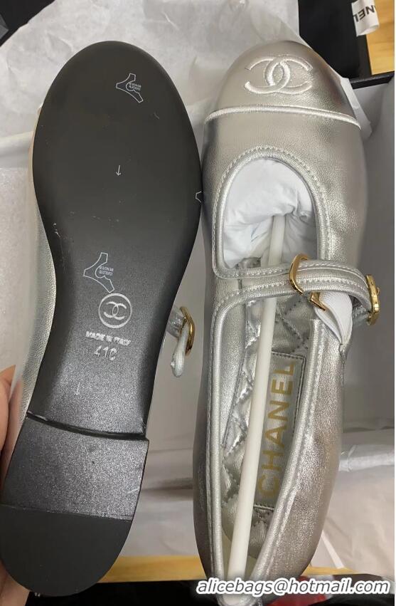 Buy Duplicate Chanel Calfskin Mary Janes Flat Ballet G45503 Silver 423158