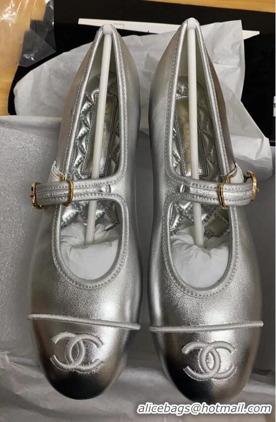 Buy Duplicate Chanel Calfskin Mary Janes Flat Ballet G45503 Silver 423158