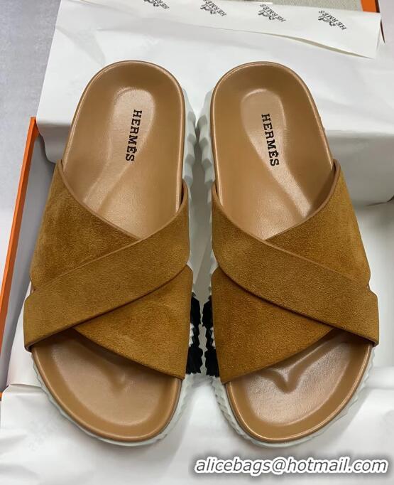 Stylish Hermes Infra Slide Sandals in Suede Brown 425147