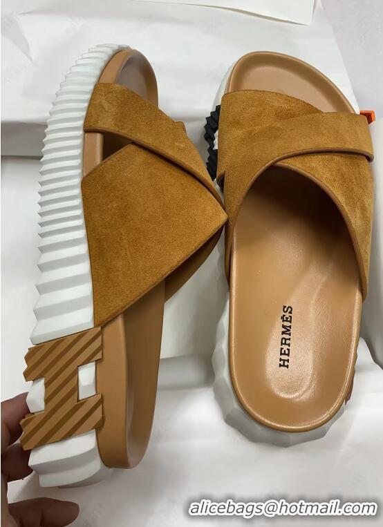 Stylish Hermes Infra Slide Sandals in Suede Brown 425147