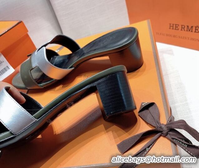 Purchase Hermes Oasis Heel Slide Sandals in Patchwork Calfskin Green/Silver 426028