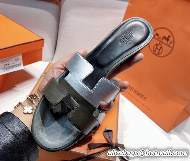 Purchase Hermes Oasis Heel Slide Sandals in Patchwork Calfskin Green/Silver 426028