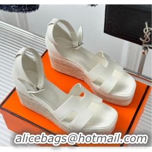 Best Price Hermes Elda Grainy Calfskin Platform Wedge Sandals White 052302