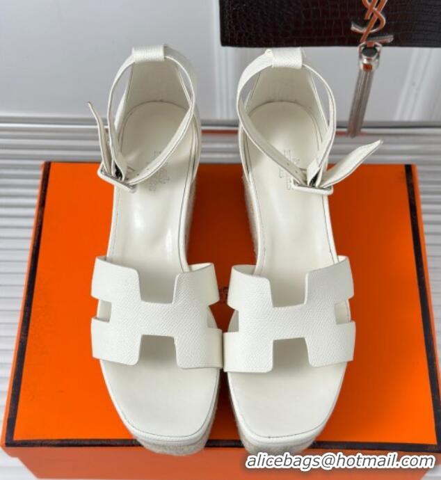 Best Price Hermes Elda Grainy Calfskin Platform Wedge Sandals White 052302