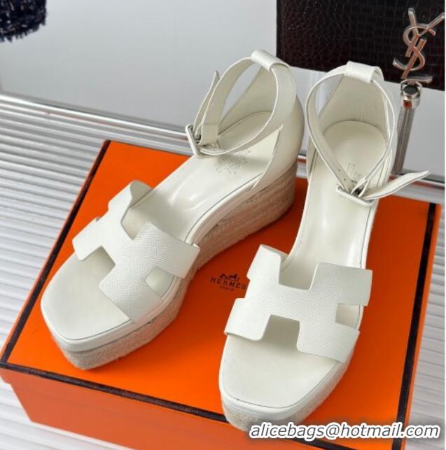 Best Price Hermes Elda Grainy Calfskin Platform Wedge Sandals White 052302