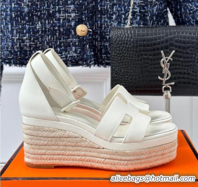 Best Price Hermes Elda Grainy Calfskin Platform Wedge Sandals White 052302