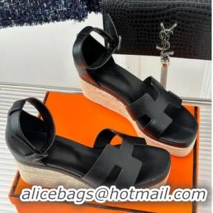 Good Looking Hermes Elda Grainy Calfskin Platform Wedge Sandals Black 052303