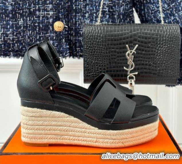 Good Looking Hermes Elda Grainy Calfskin Platform Wedge Sandals Black 052303