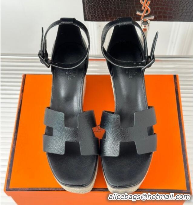 Good Looking Hermes Elda Grainy Calfskin Platform Wedge Sandals Black 052303