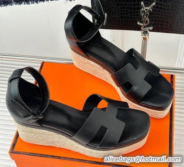 Good Looking Hermes Elda Grainy Calfskin Platform Wedge Sandals Black 052303