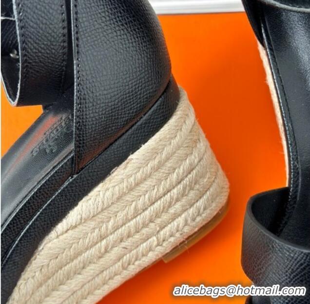 Good Looking Hermes Elda Grainy Calfskin Platform Wedge Sandals Black 052303