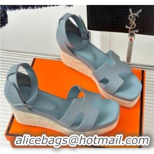 Good Quality Hermes Elda Grainy Calfskin Platform Wedge Sandals Blue Gray 4052304