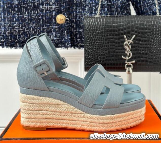 Good Quality Hermes Elda Grainy Calfskin Platform Wedge Sandals Blue Gray 4052304