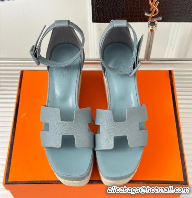 Good Quality Hermes Elda Grainy Calfskin Platform Wedge Sandals Blue Gray 4052304