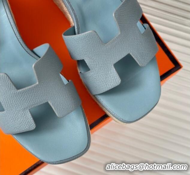 Good Quality Hermes Elda Grainy Calfskin Platform Wedge Sandals Blue Gray 4052304