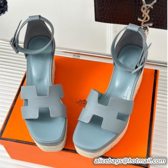 Good Quality Hermes Elda Grainy Calfskin Platform Wedge Sandals Blue Gray 4052304